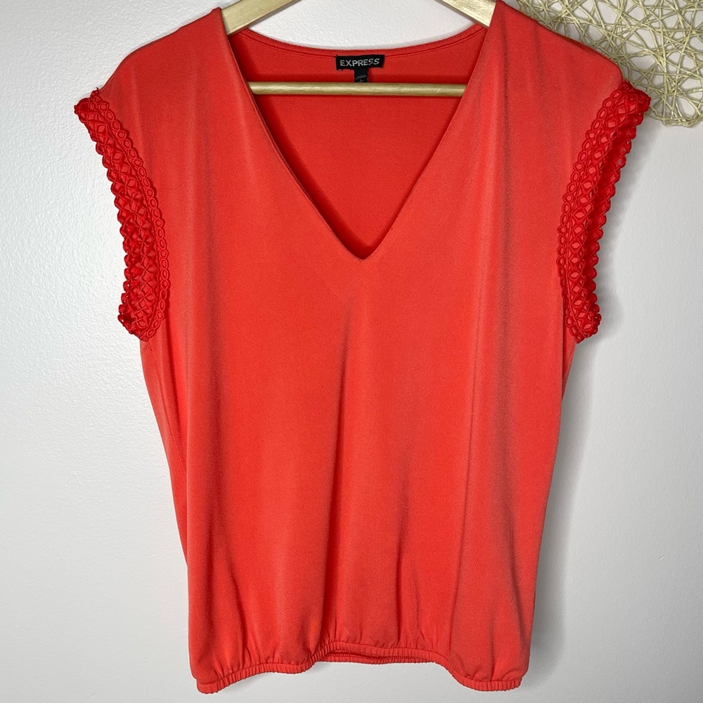 Express Embroidered Cap Sleeve V Neck Blouse (Red) - small